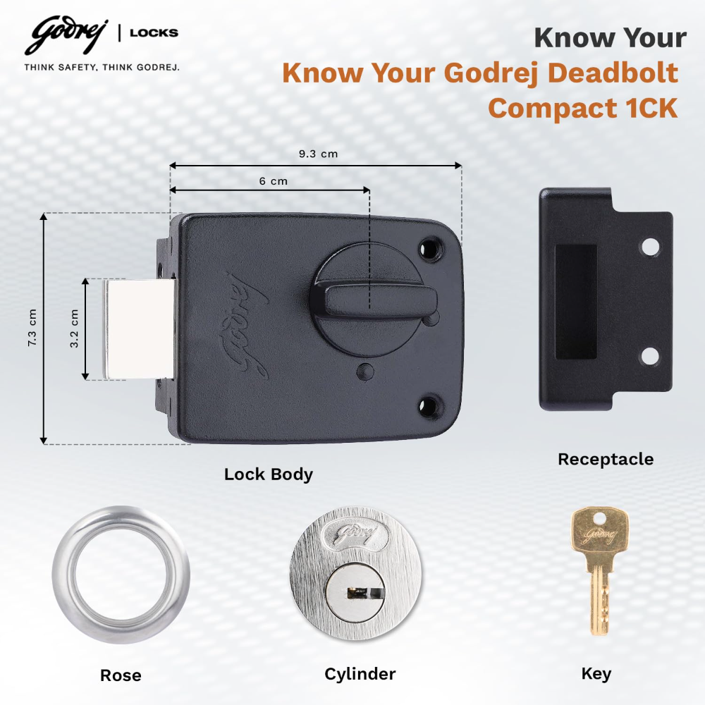 Godrej Rim Lock I Deadbolt Compact I 1CK Deadbolt I for Inside Opening Wooden Main Door | Left Right Handed Doors I 3 Keys I 1 Years Warranty I Textured Black Finish